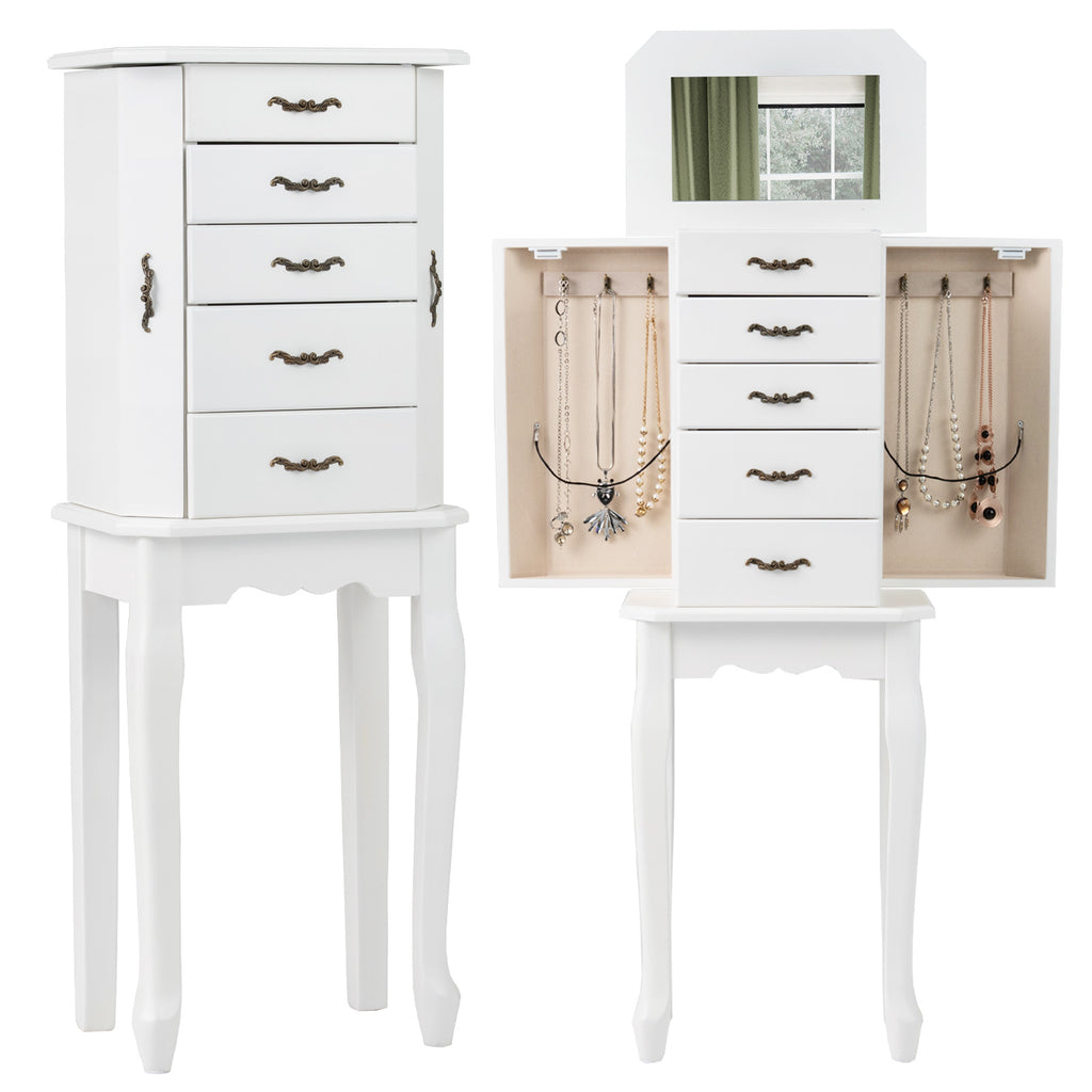 Standing Jewelry Armoire with Mirror - 4 Drawers & 2 Doors, White