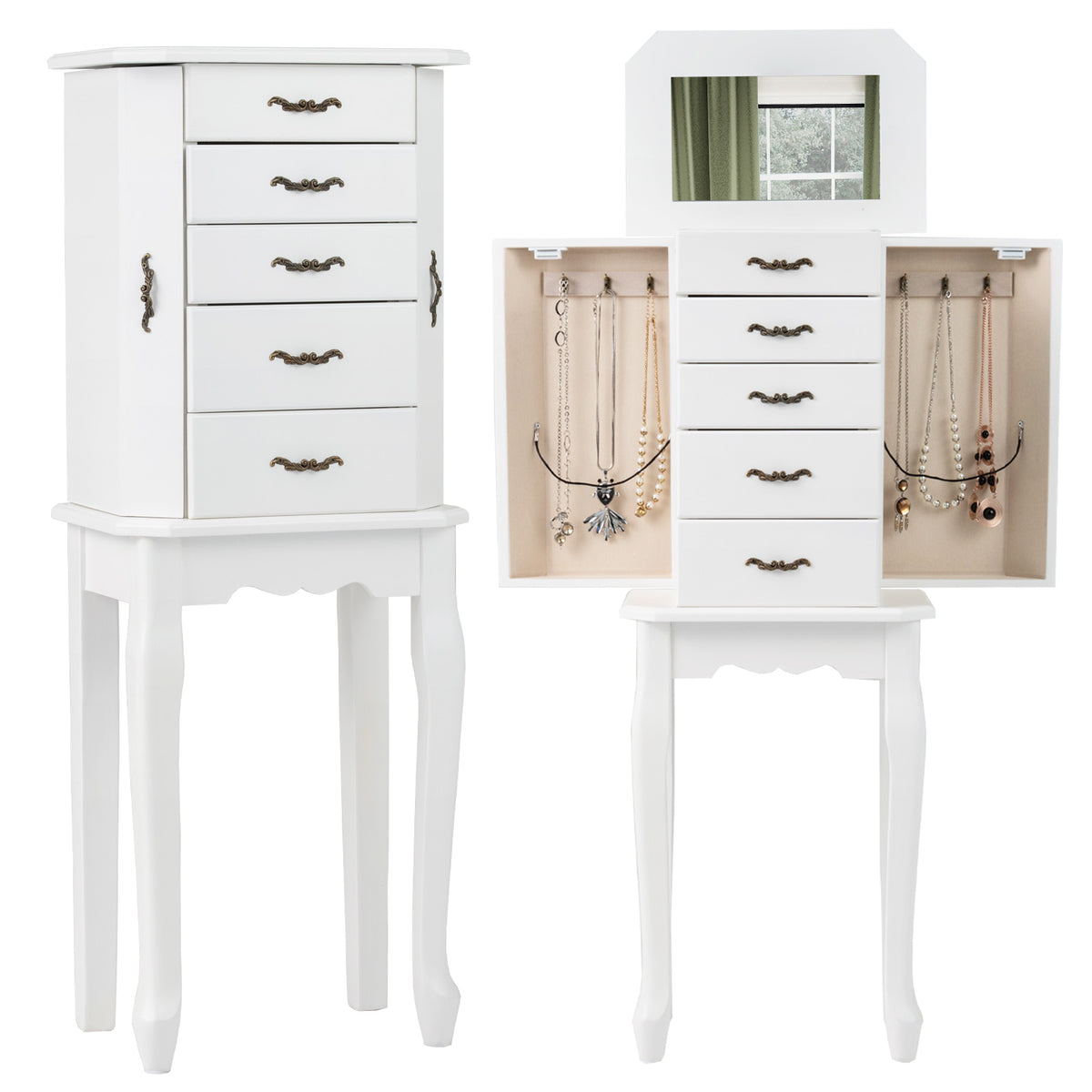 Standing Jewelry Armoire with Mirror - 4 Drawers & 2 Doors, White