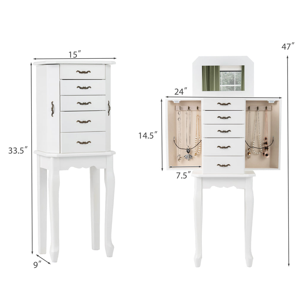 Standing Jewelry Armoire with Mirror - 4 Drawers & 2 Doors, White