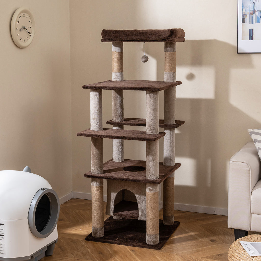 Large Multi-Level Cat Tree with Swaying Condo & Plush Perch - Beige, 58 Inch