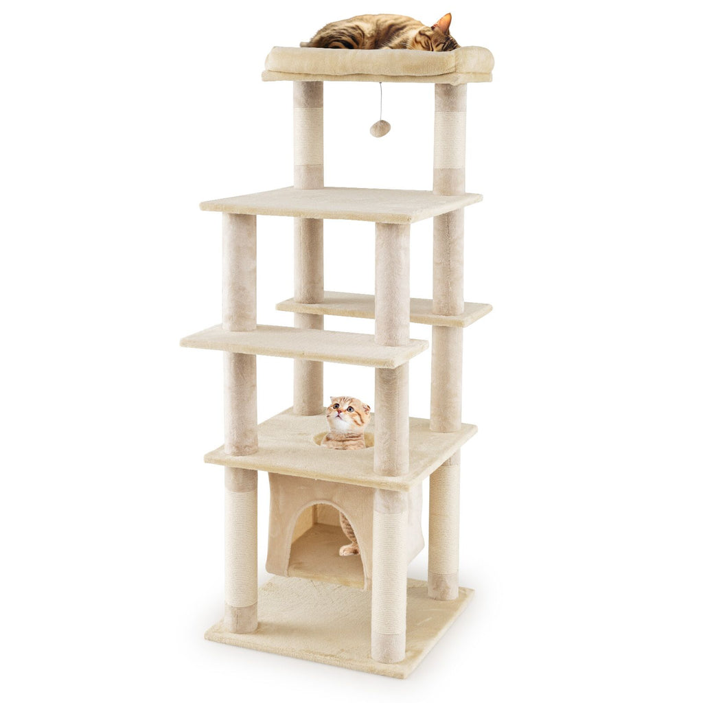 Large Multi-Level Cat Tree with Swaying Condo & Plush Perch - Beige, 58 Inch