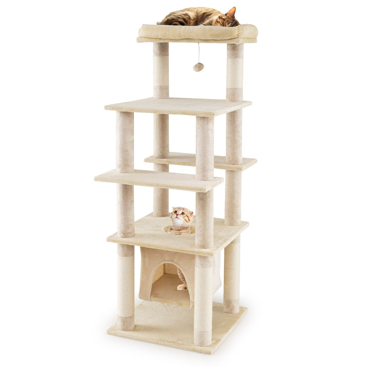 Large Multi-Level Cat Tree with Swaying Condo & Plush Perch - Beige, 58 Inch