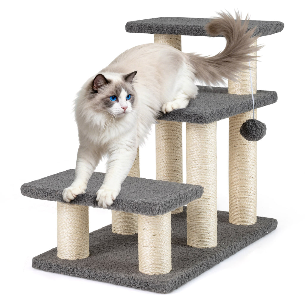 Gray 3-Tier Cat Stairs 20 Inch with Scratching Posts & Hanging Toy Ball - Pet Climber & Lounge
