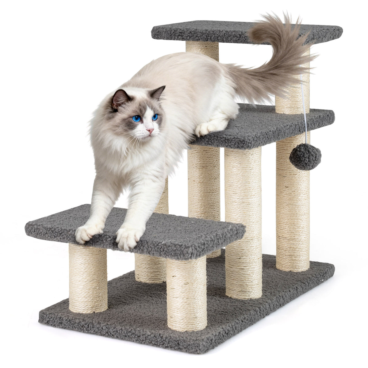 Gray 3-Tier Cat Stairs 20 Inch with Scratching Posts & Hanging Toy Ball - Pet Climber & Lounge