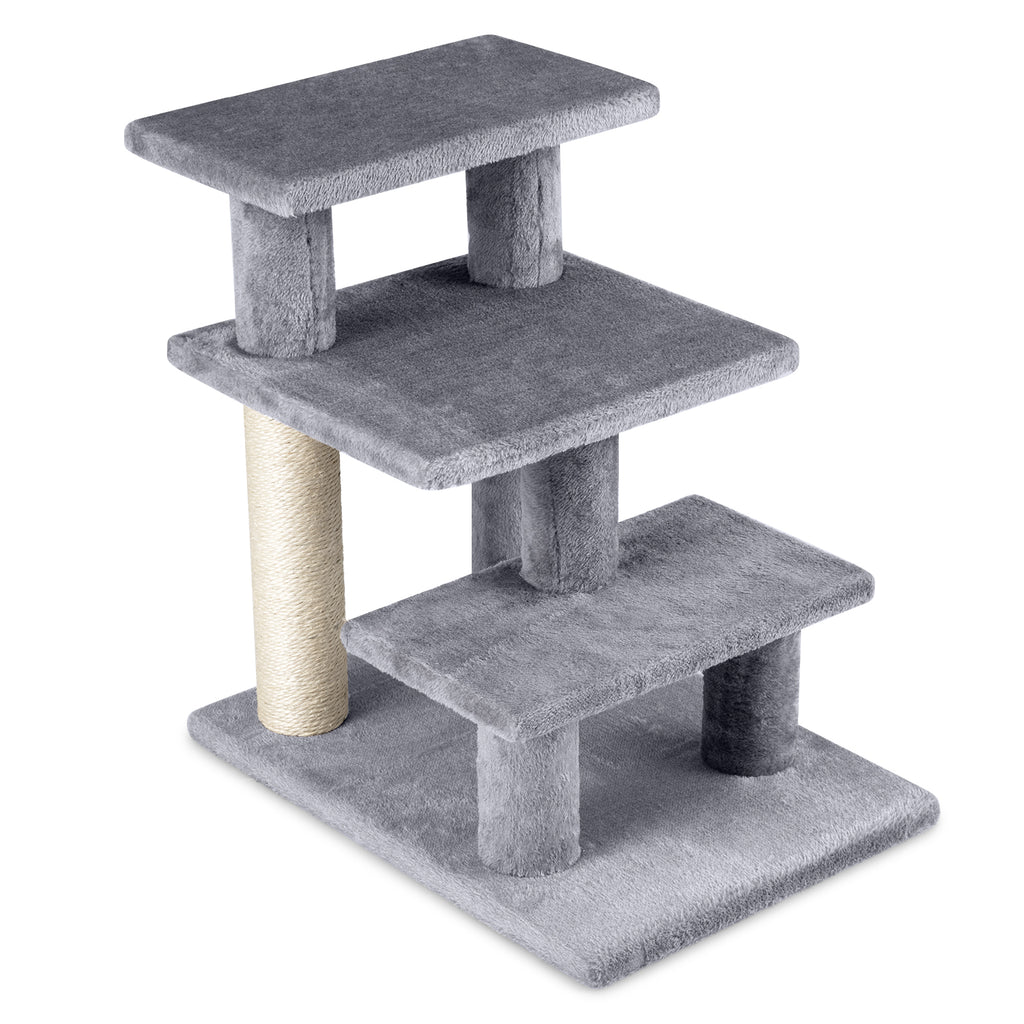 3-Tier Cat Stairs with Scratching Posts - 19 Inch Plush Steps for High Bed & Sofa - Gray