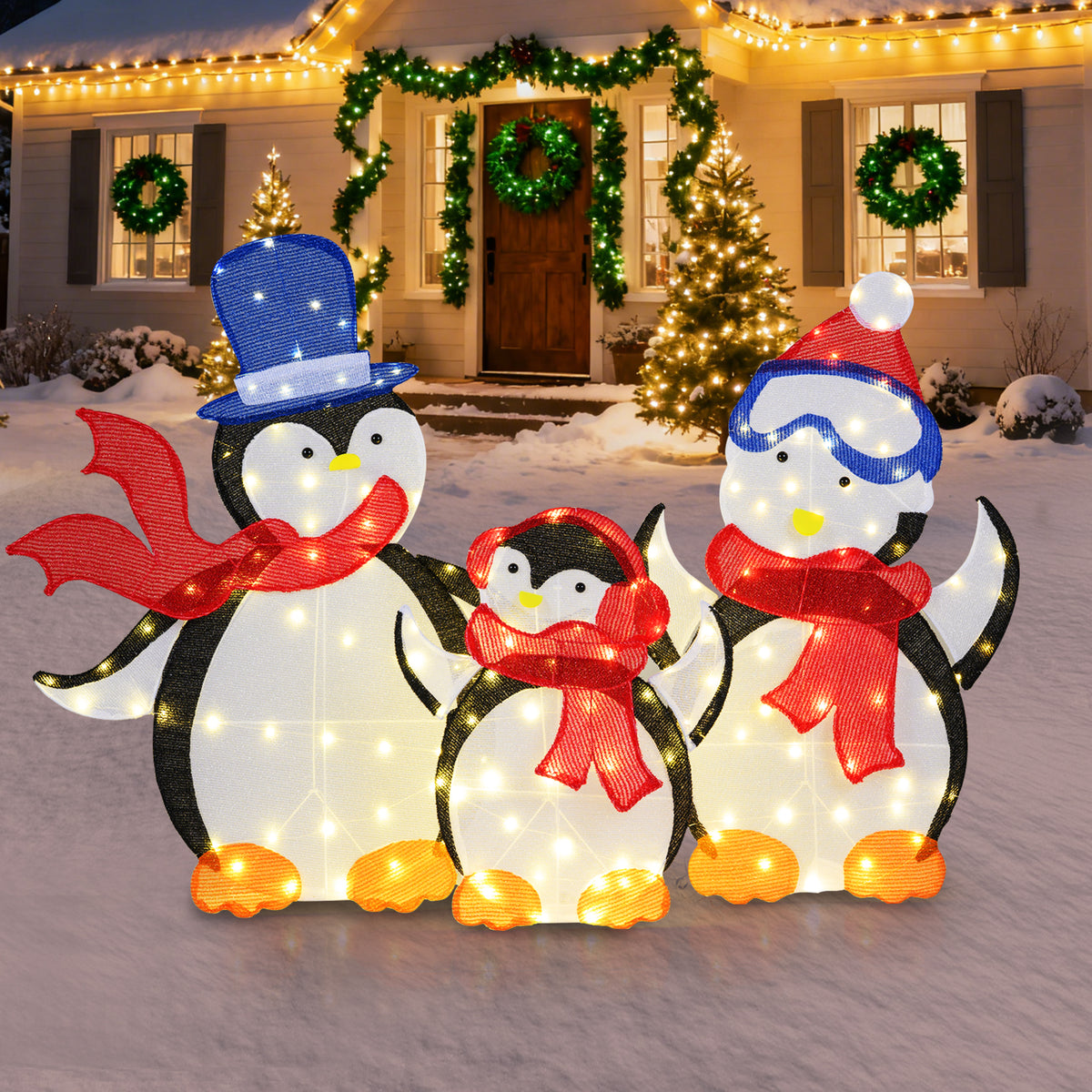 Penguin Family Christmas Decoration with 160 LED Lights - Indoor/Outdoor Holiday Decor - Variation: Penguin Family