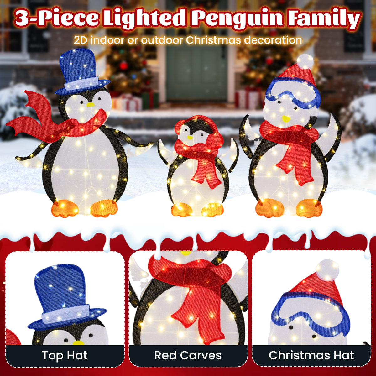 Penguin Family Christmas Decoration with 160 LED Lights - Indoor/Outdoor Holiday Decor - Variation: Penguin Family