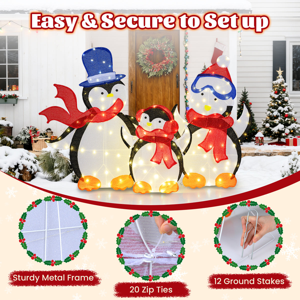 Penguin Family Christmas Decoration with 160 LED Lights - Indoor/Outdoor Holiday Decor - Variation: Penguin Family