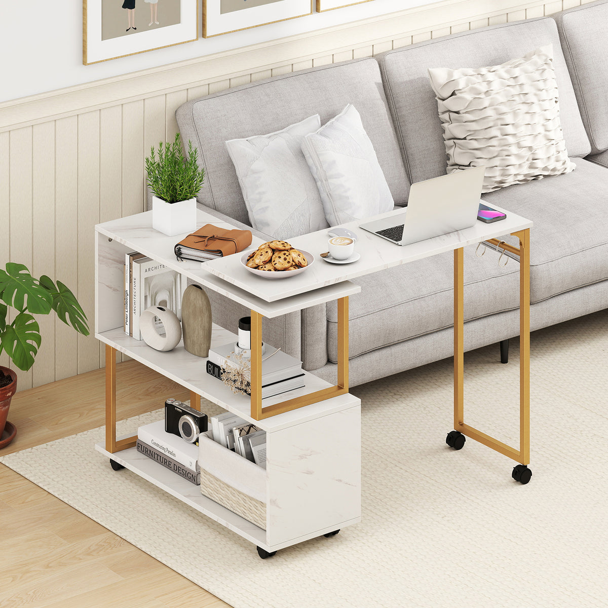 360° Rotating Sofa Side Table with Storage, White