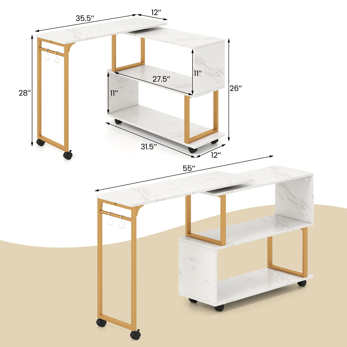 360° Rotating Sofa Side Table with Storage, White