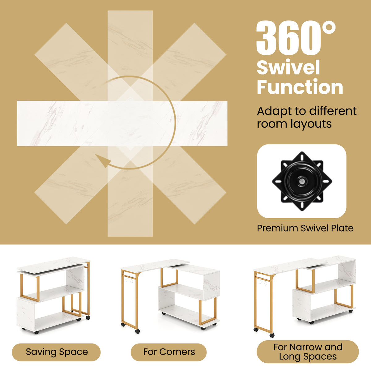 360° Rotating Sofa Side Table with Storage, White