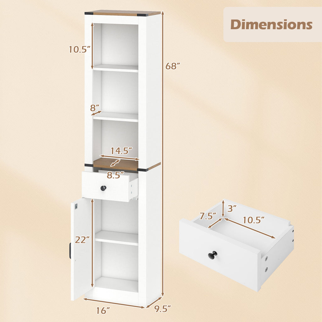 68 Inch Tall Bathroom Cabinet with Drawer, White