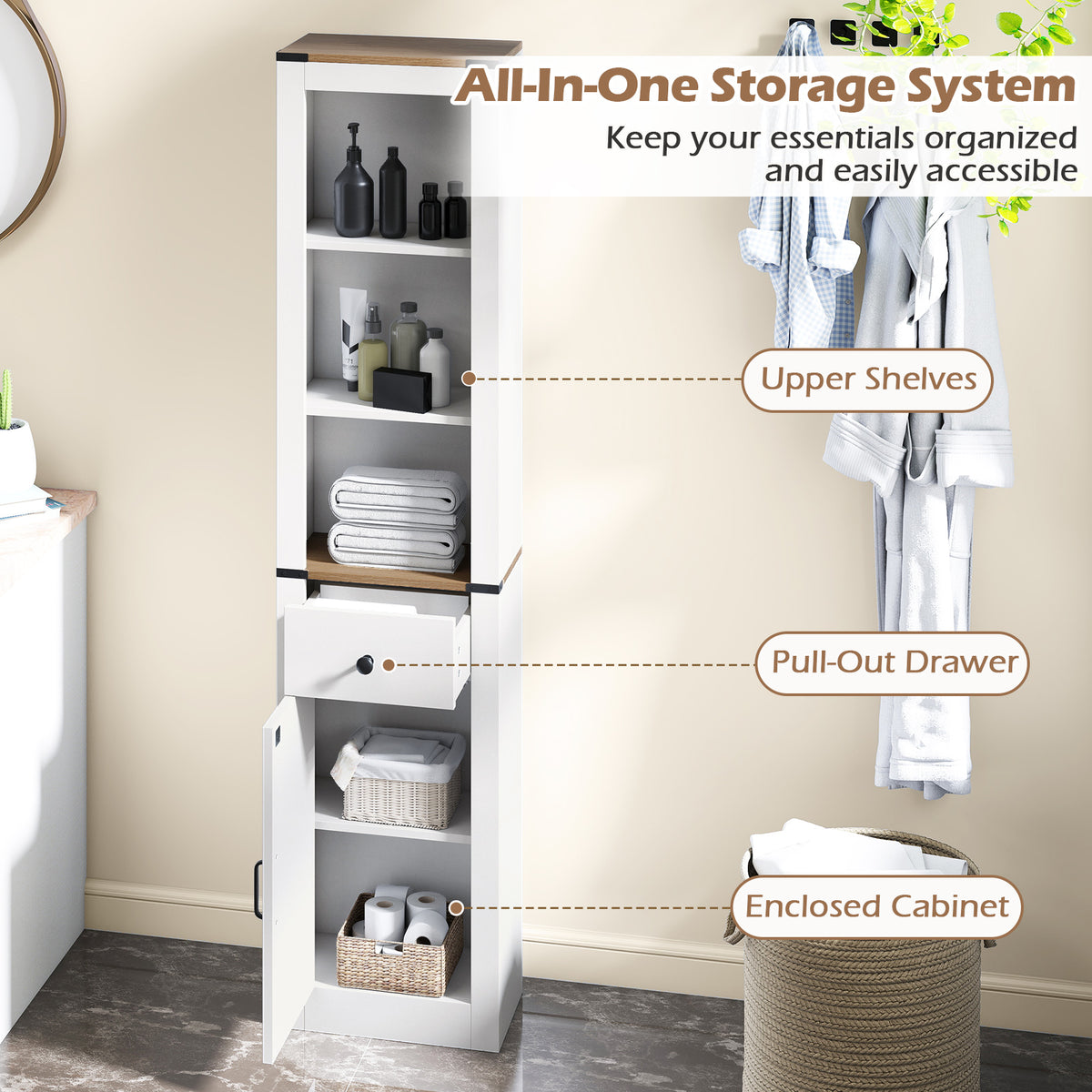 68 Inch Tall Bathroom Cabinet with Drawer, White