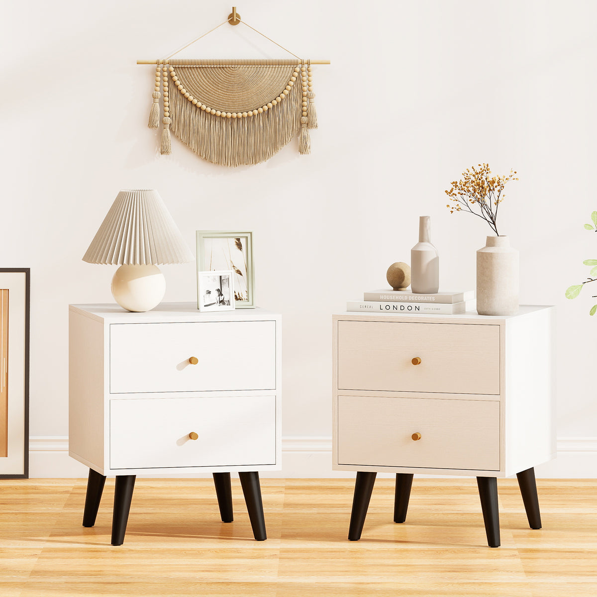 Mid Century Modern Nightstand Set of 2 with Golden Knobs