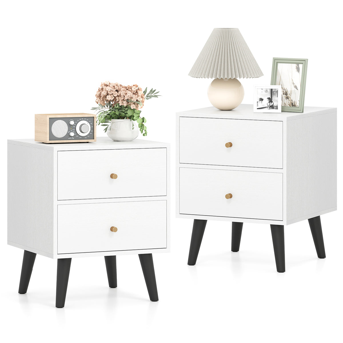 Mid Century Modern Nightstand Set of 2 with Golden Knobs