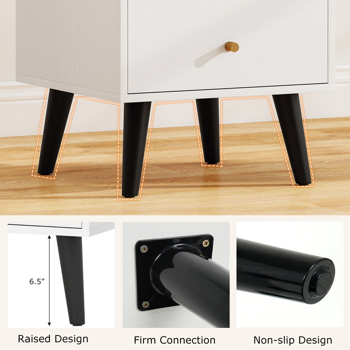 Mid Century Modern Nightstand Set of 2 with Golden Knobs
