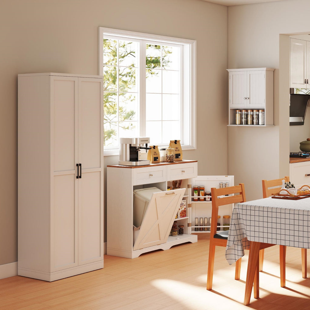 Tilt Out Trash Can Cabinet with Outlets - White