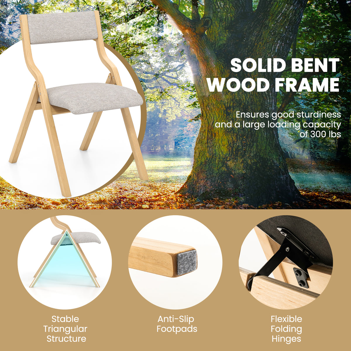 Folding Dining Chairs Set of 4 - Upholstered Wooden