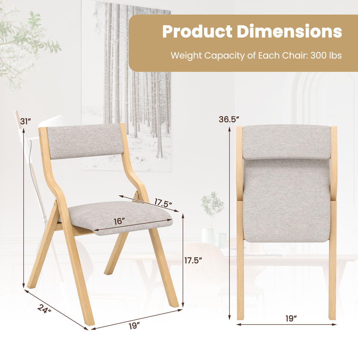 Folding Dining Chairs Set of 4 - Upholstered Wooden