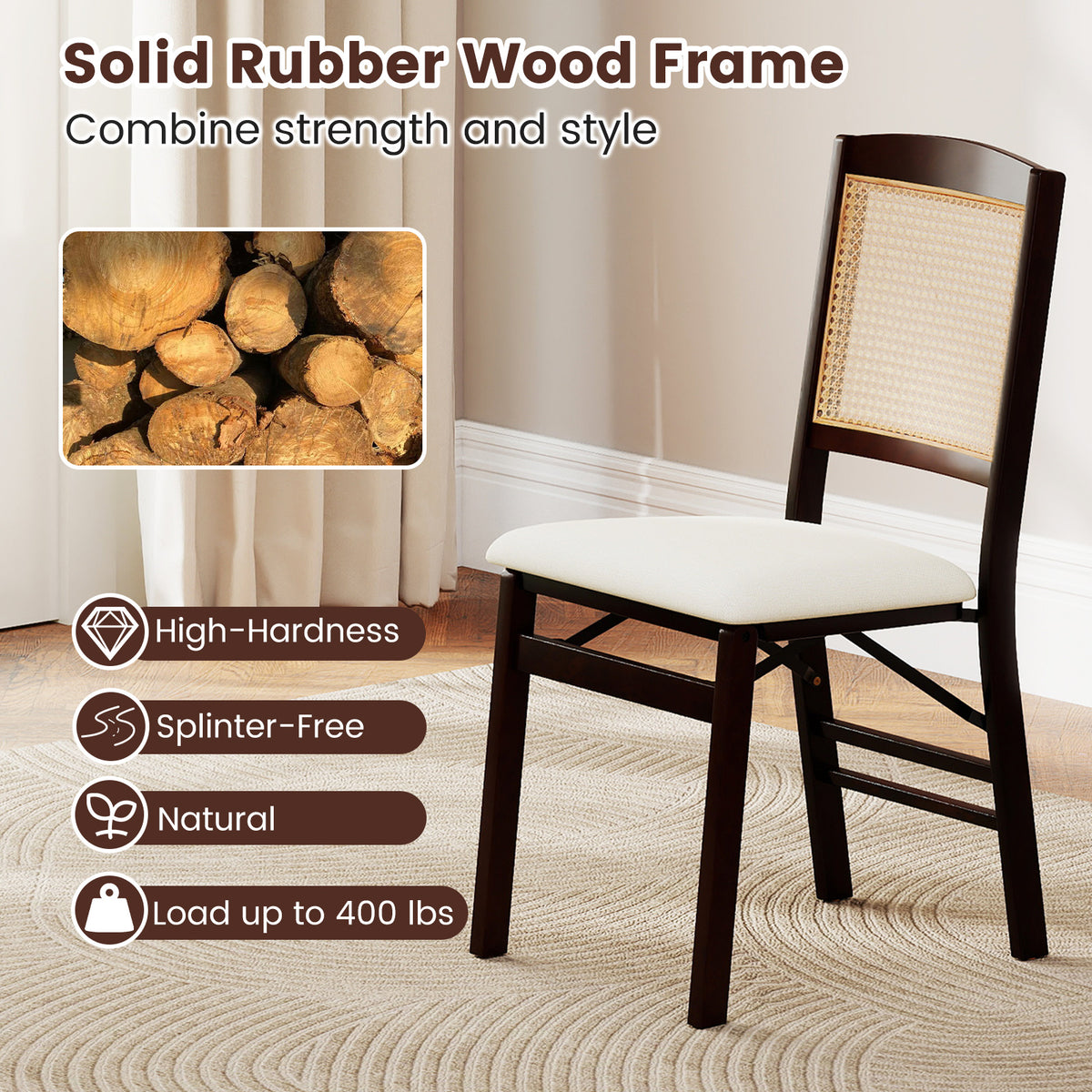 Folding Dining Chairs Set of 2, Rattan, Coffee