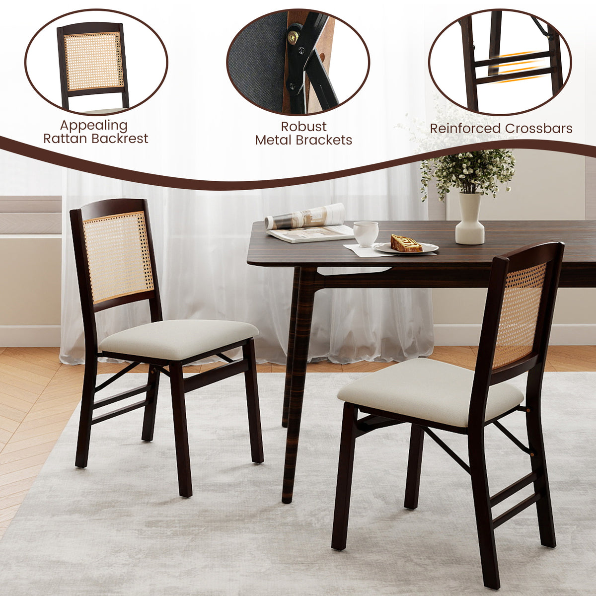 Folding Dining Chairs Set of 2, Rattan, Coffee