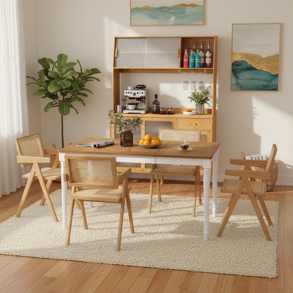 Extendable Dining Set with Rattan Chairs & Cabinet