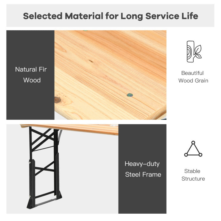3-Piece Wooden Picnic Table Set with Umbrella & Base