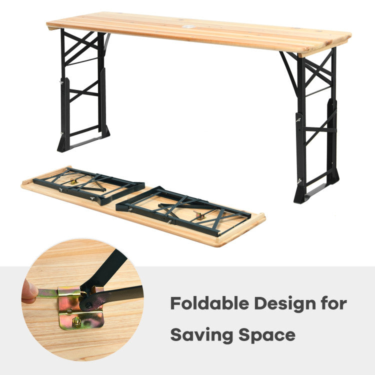 3-Piece Wooden Picnic Table Set with Umbrella & Base