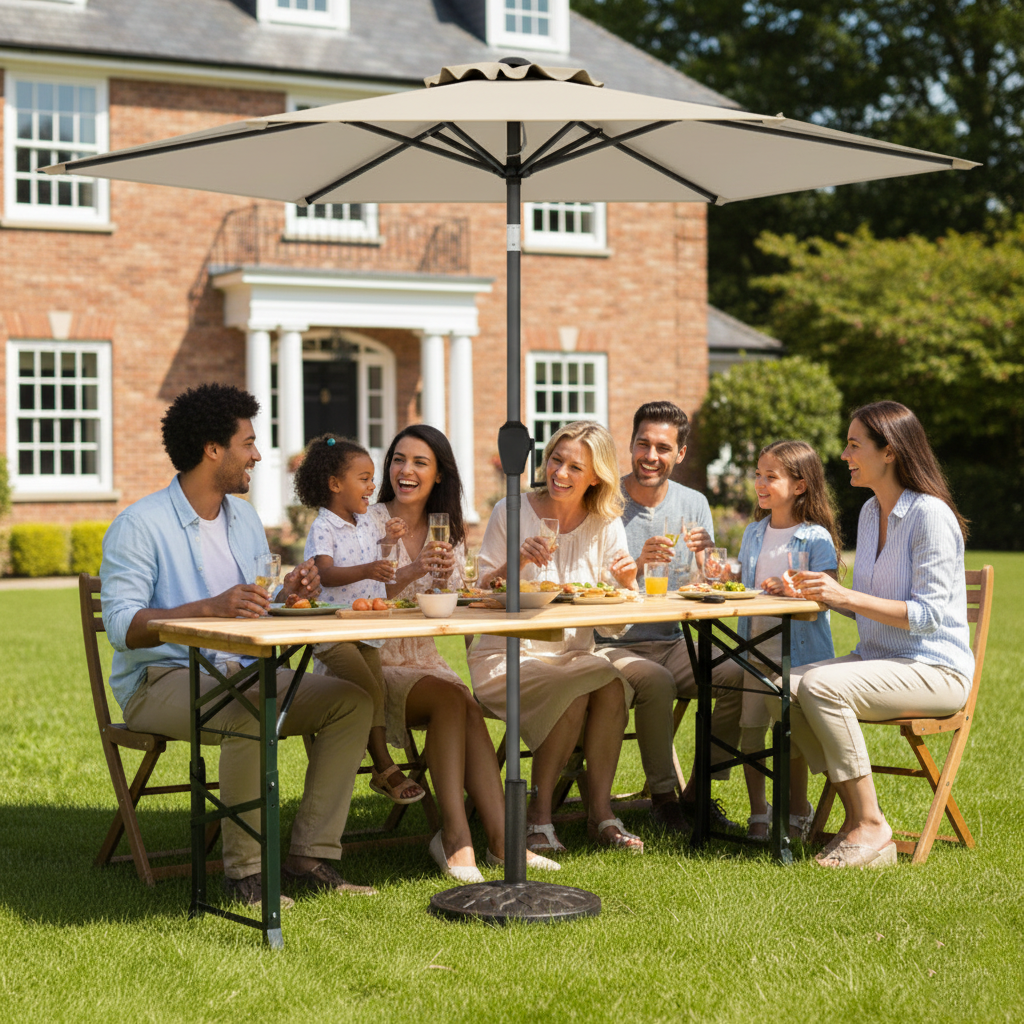 3-Piece Wooden Picnic Table Set with Umbrella & Base