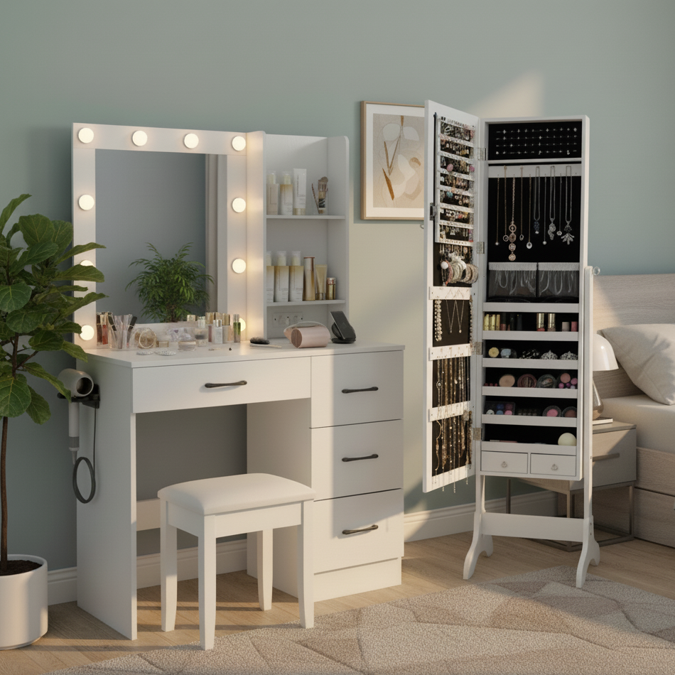 Mirrored Jewelry Vanity Desk with Lockable Cabinet - Bedroom Set
