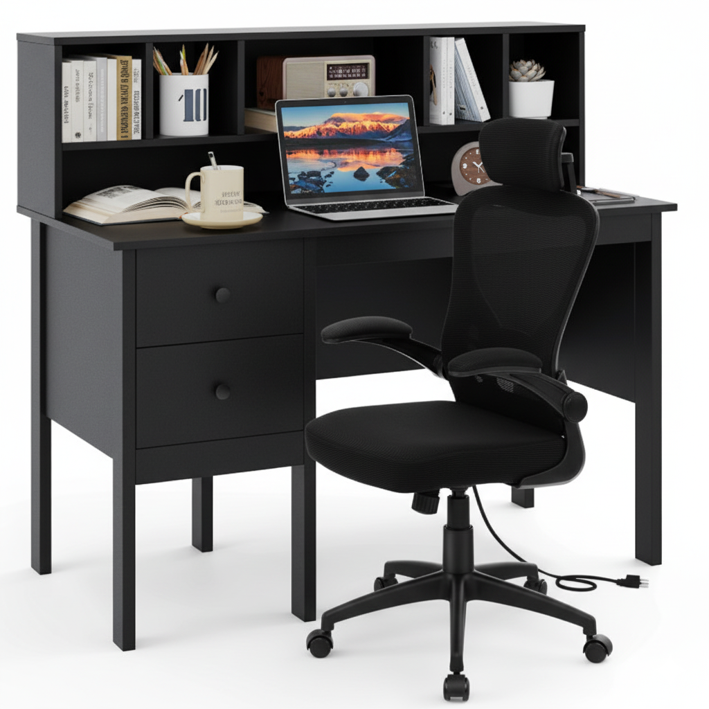 48" Computer Desk and Ergonomic Mesh Chair Bundle - Black