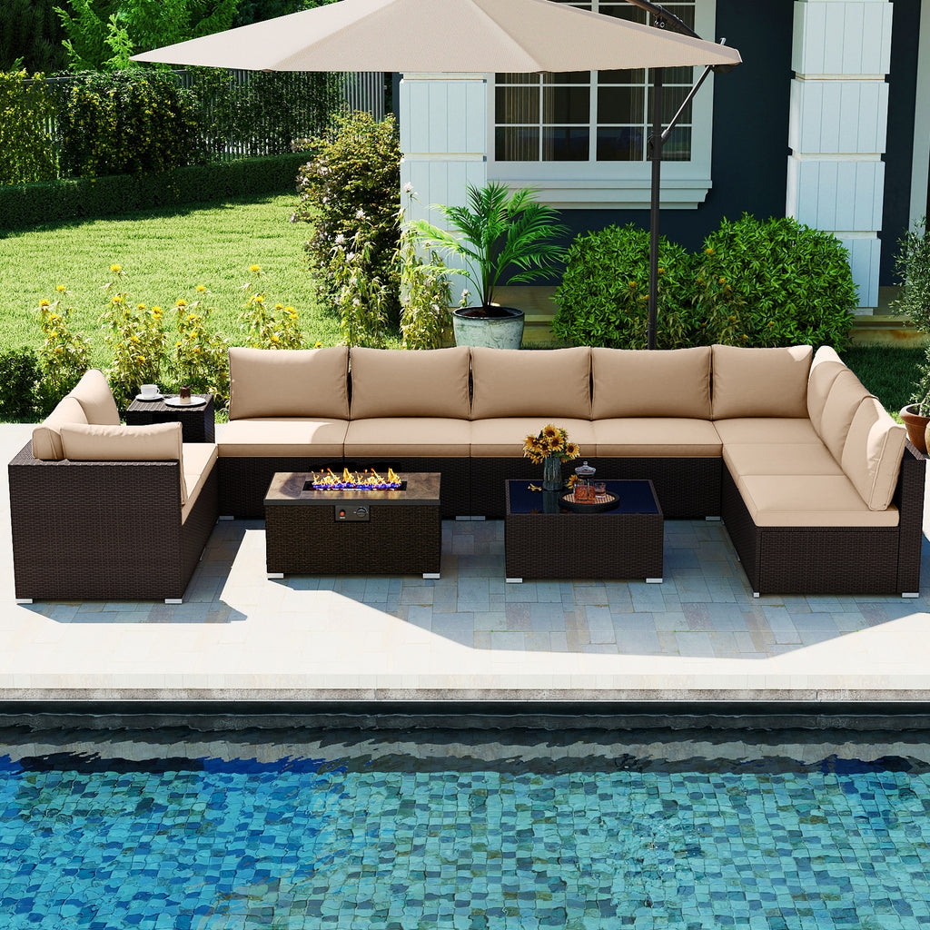12-Piece PE Rattan Conversation Set with 40000BTU Fire Pit Table – Beige