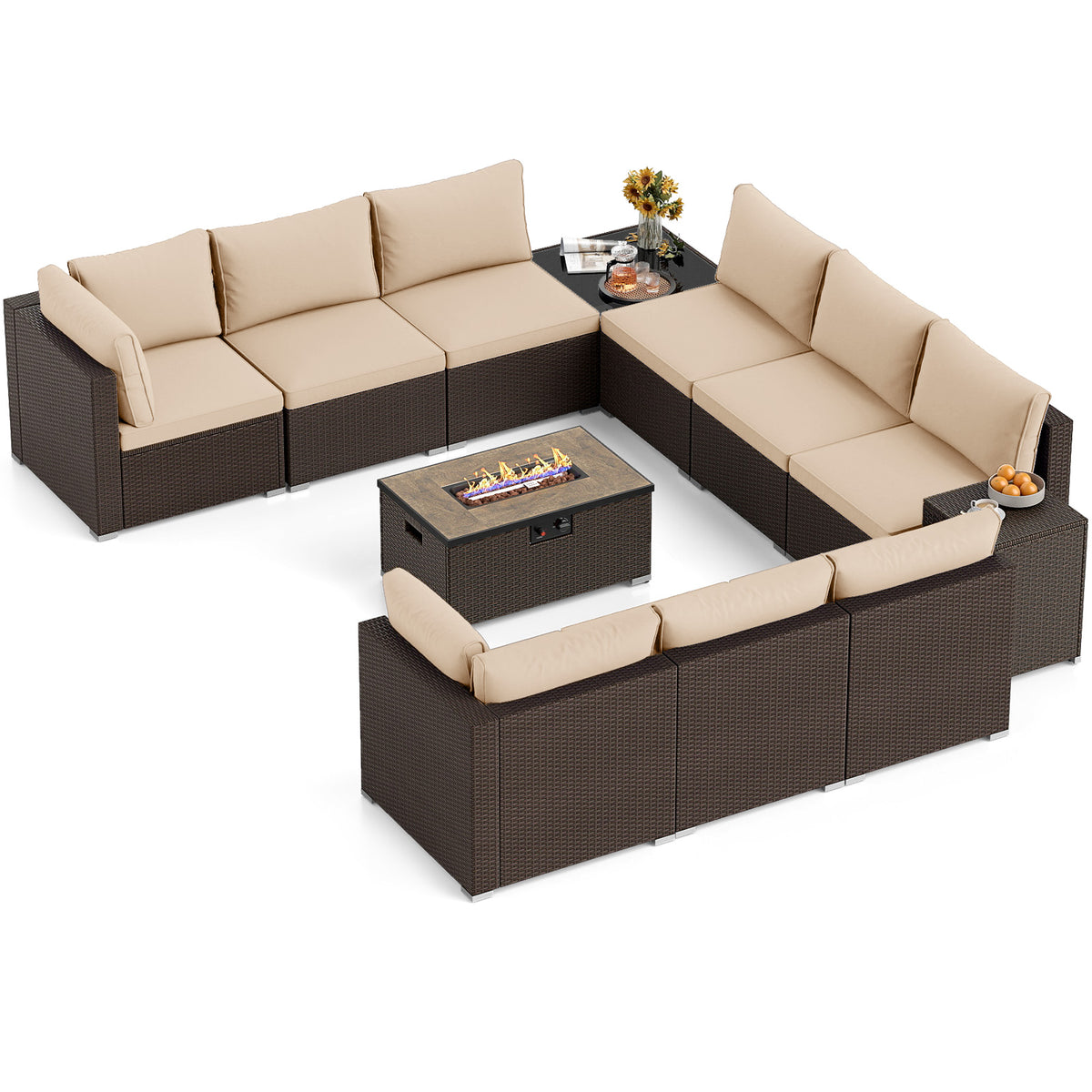 12-Piece PE Rattan Conversation Set with 40000BTU Fire Pit Table – Beige