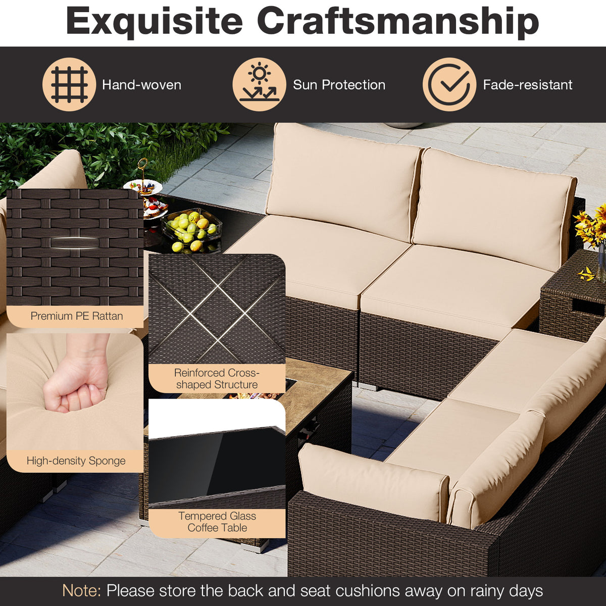 12-Piece PE Rattan Conversation Set with 40000BTU Fire Pit Table – Beige