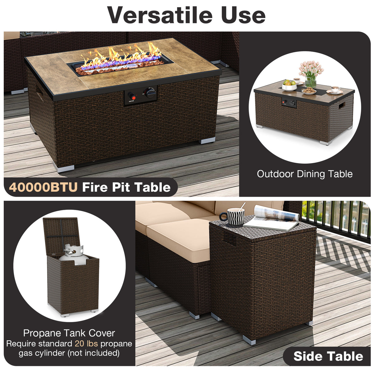 12-Piece PE Rattan Conversation Set with 40000BTU Fire Pit Table – Beige