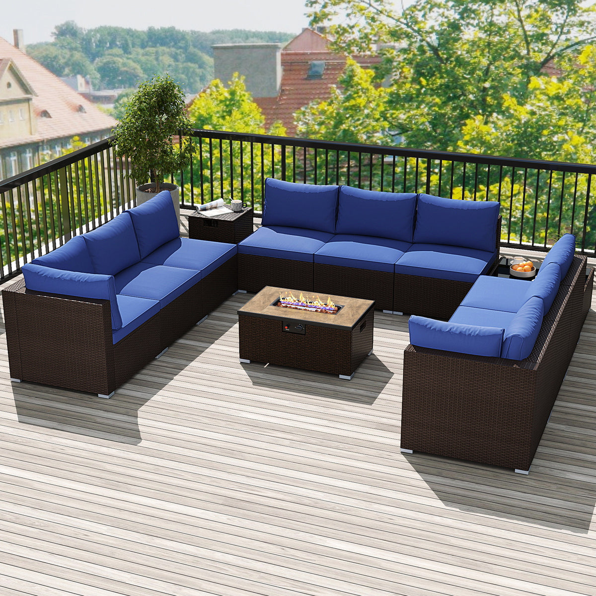 12-Piece PE Rattan Conversation Set with 40000BTU Fire Pit Table – Beige