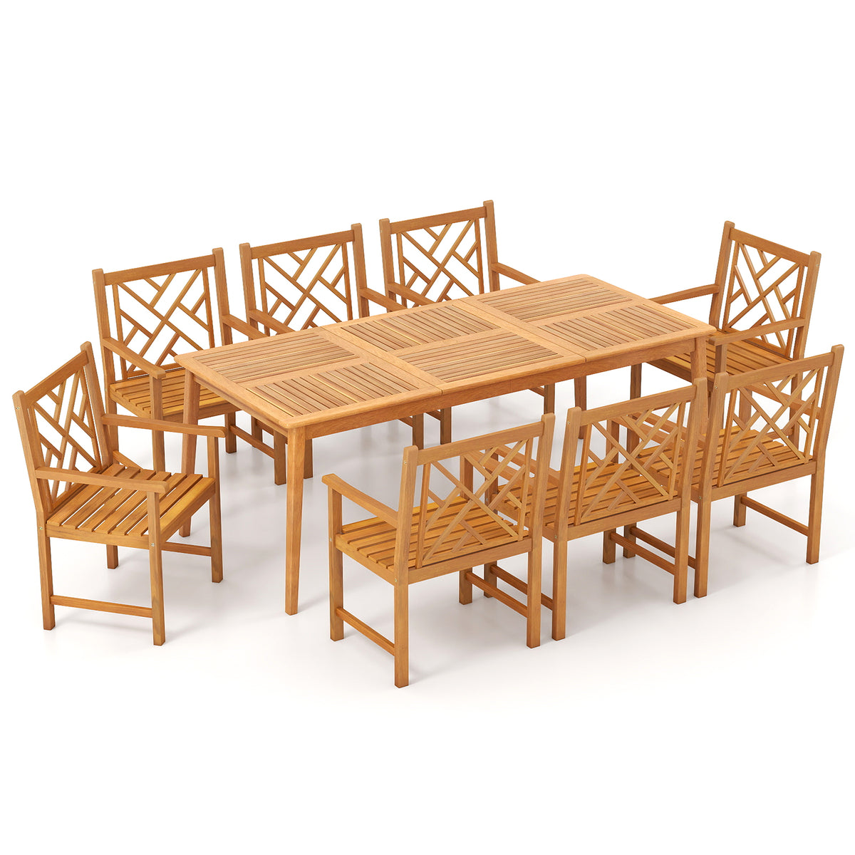 9-Pieces Patio Dining Table Set Wood Rectangular with 8 Chairs and