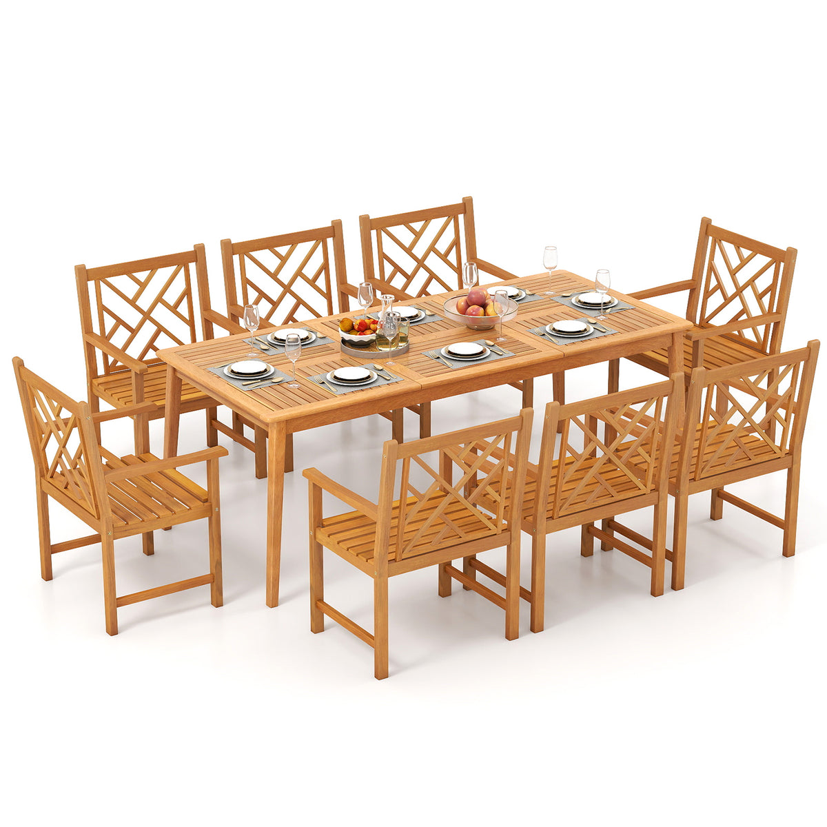 9-Pieces Patio Dining Table Set Wood Rectangular with 8 Chairs and