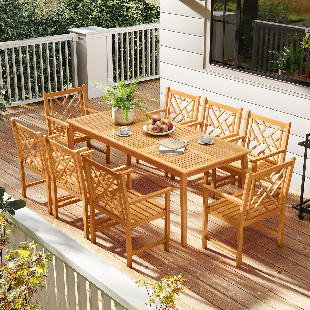 9-Pieces Patio Dining Table Set Wood Rectangular with 8 Chairs and