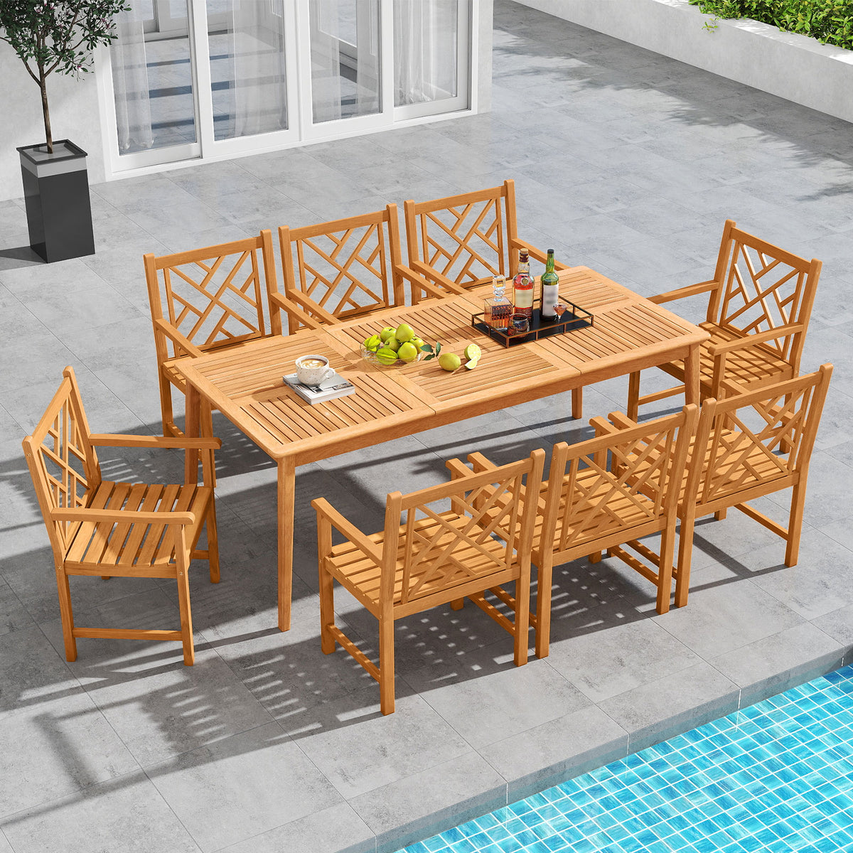 9-Pieces Patio Dining Table Set Wood Rectangular with 8 Chairs and