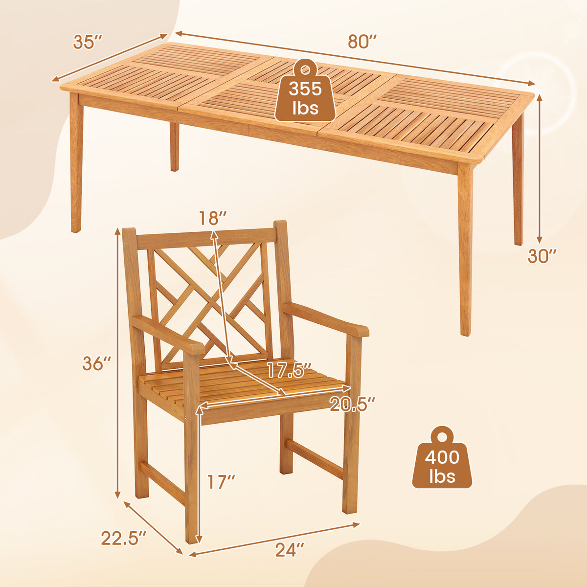 9-Pieces Patio Dining Table Set Wood Rectangular with 8 Chairs and