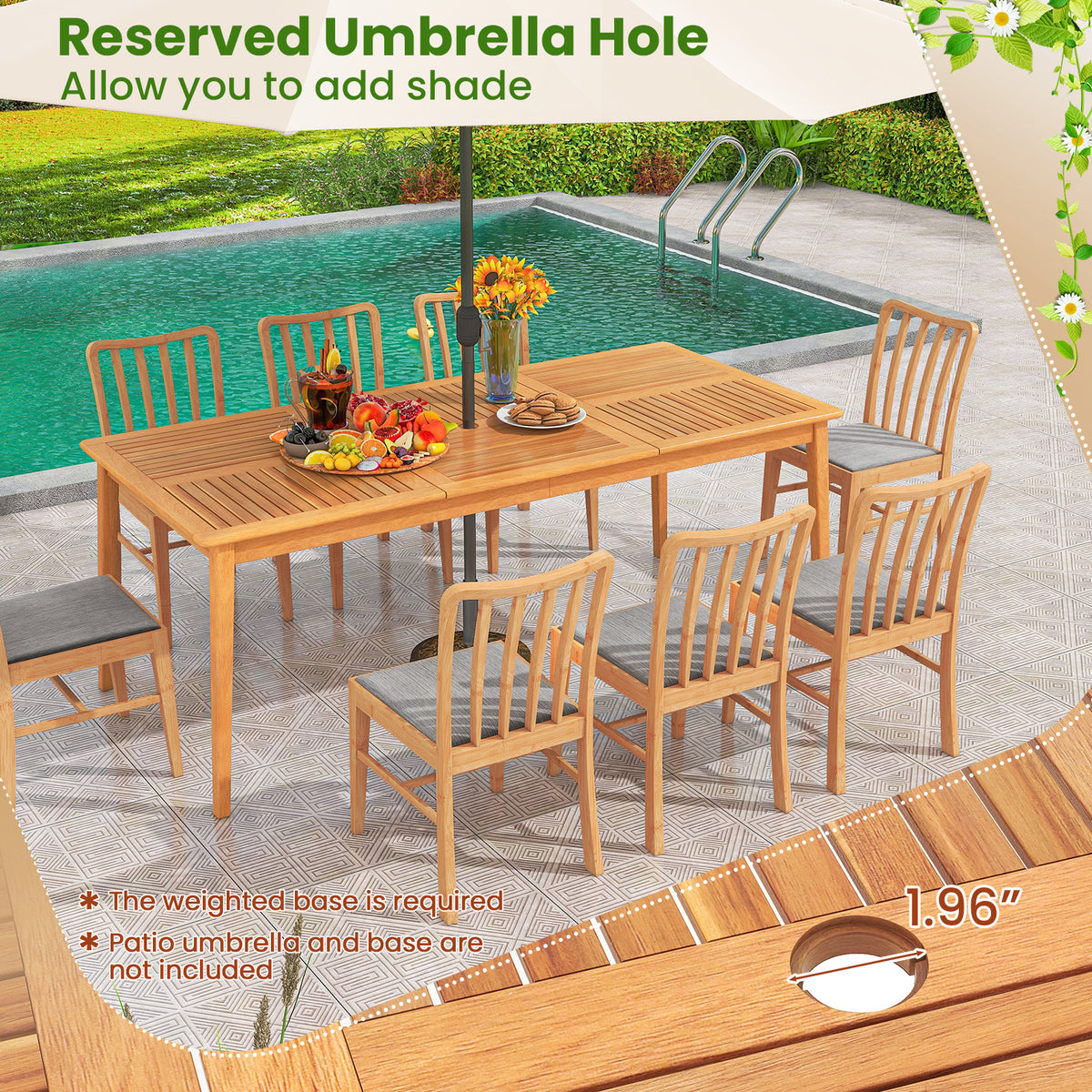 9-Pieces Patio Dining Table Set Wood Rectangular with 8 Chairs and