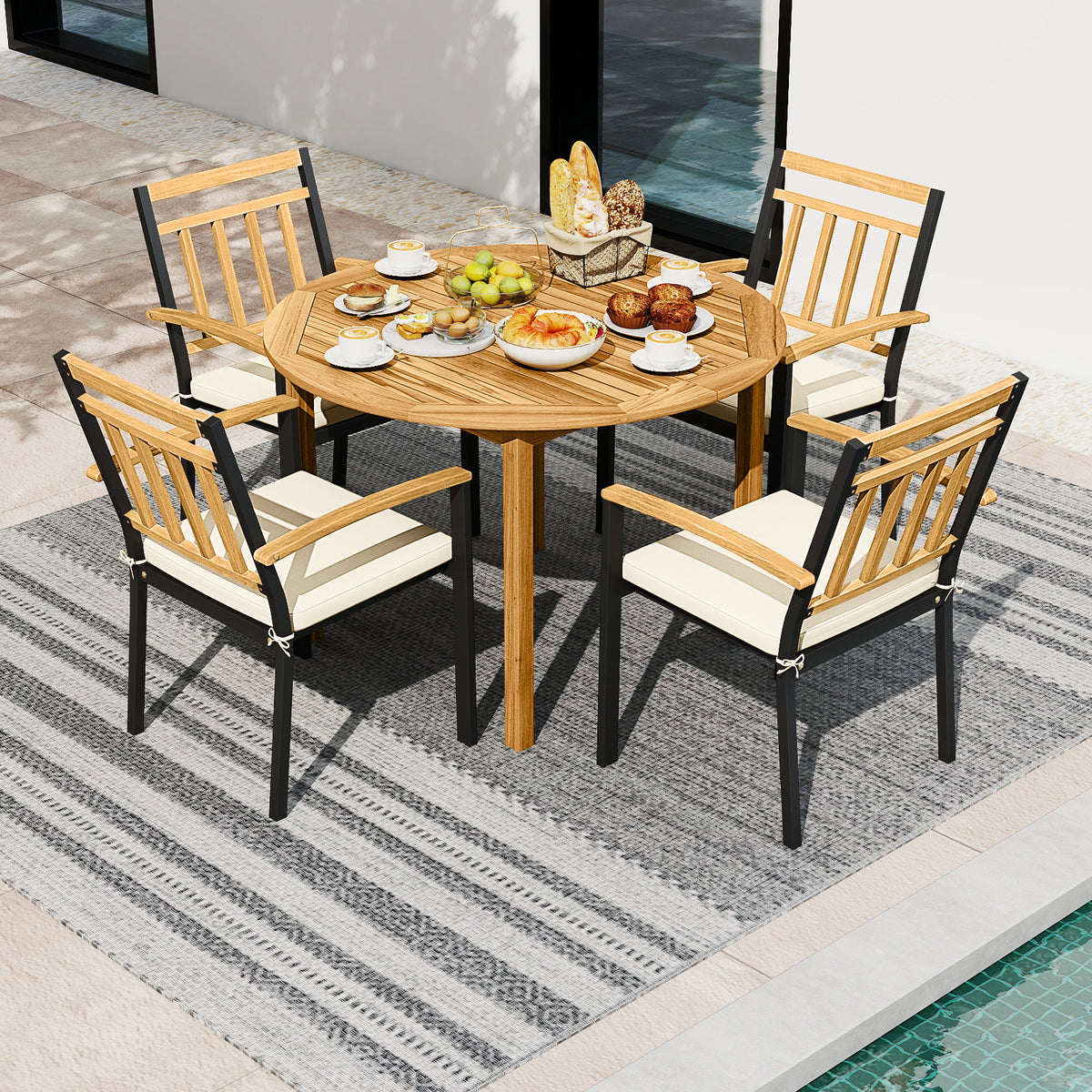 5 Pieces Outdoor Acacia Wood Dining Set Patio Round Table and Metal