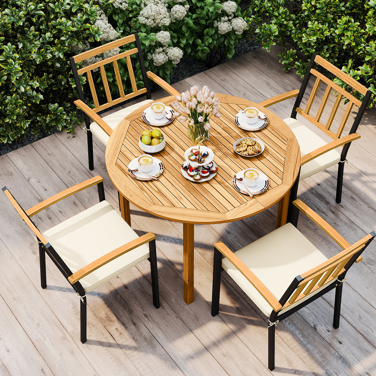 5 Pieces Outdoor Acacia Wood Dining Set Patio Round Table and Metal