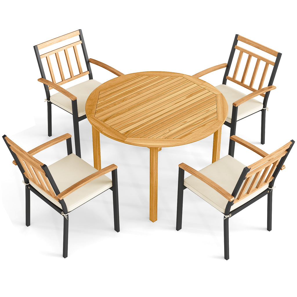 5 Pieces Outdoor Acacia Wood Dining Set Patio Round Table and Metal