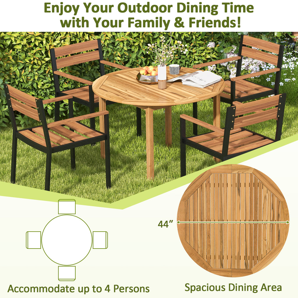 5 Pieces Outdoor Acacia Wood Dining Set Patio Round Table and Metal
