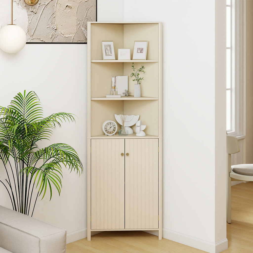 68 Inch Corner Cabinet with 5 Shelves & Doors, Beige