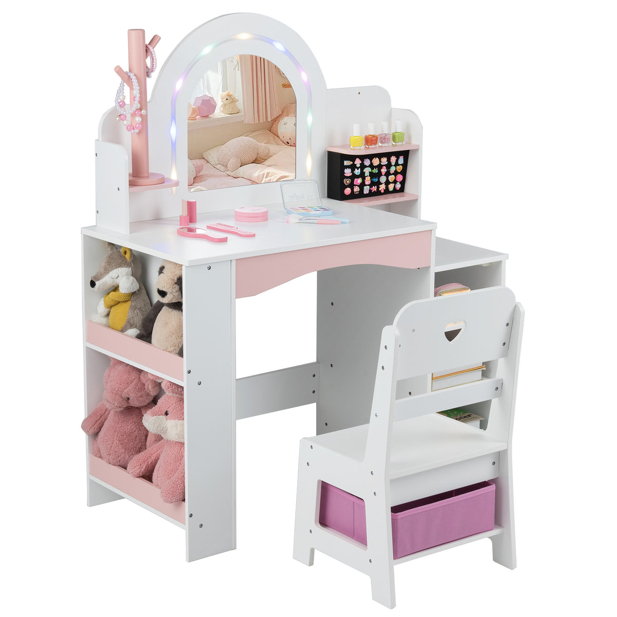Kids Vanity Set with Colorful LED Lights Princess Makeup Dressing Table & Chair (Arch, Natural)