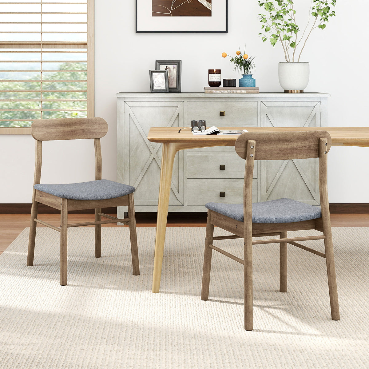 Fabric Upholstered Armless Dining Chairs, Oak - Set of 2