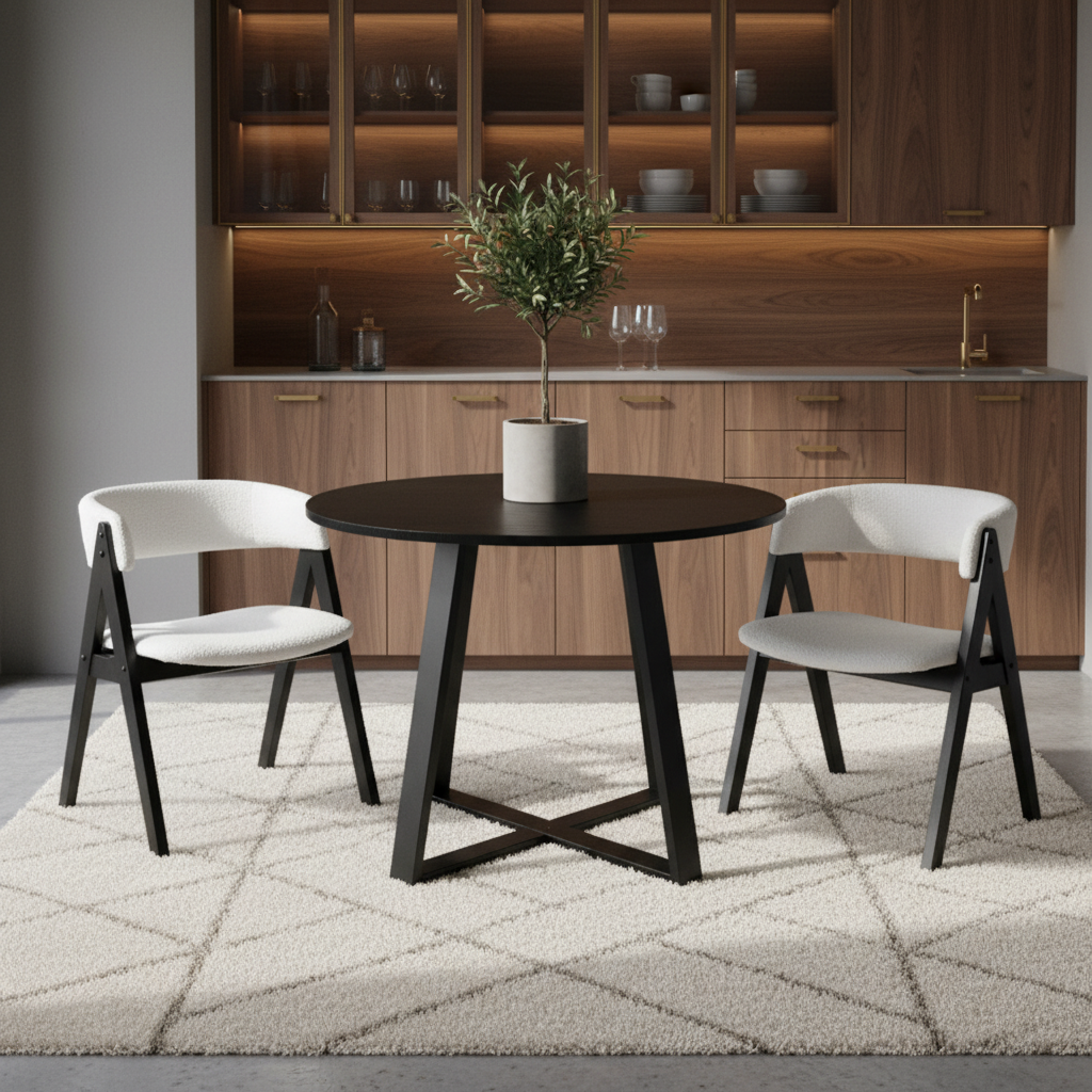 36" Round Pedestal Dining Set - 2 Sherpa Upholstered Chairs